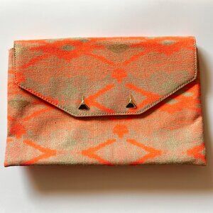 Stella & Dot Clutch Bag Purse Wallet Neon Orange Gold Tan